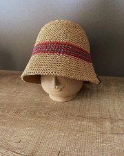 Hand-Crocheted Raffia Bucket Hat Striped Boho Summer Sun Hat Beach Accessory