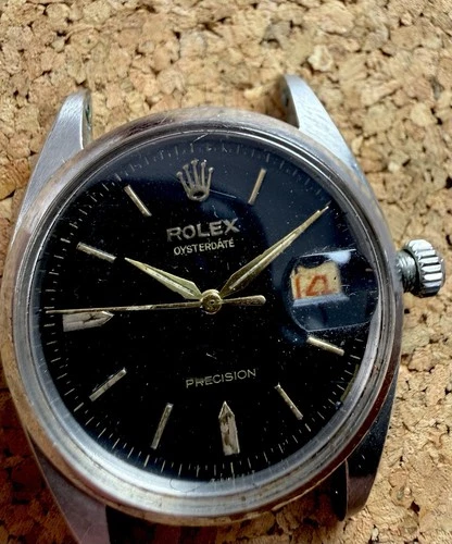Vintage Rolex Oysterdate Precision Black Dial Red Date Ref. 6494