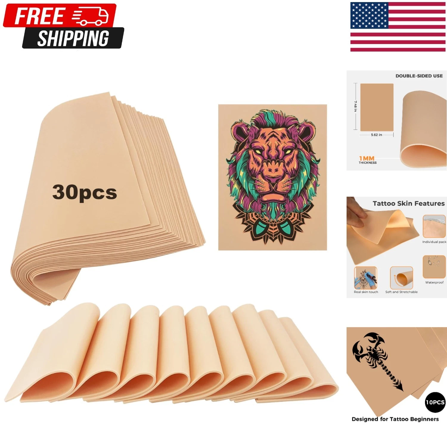 30 Pack Fake Skin for Tattoo Practice, 8"x6" ReelSkin Sheets, Realistic Reusable - product detail image 1