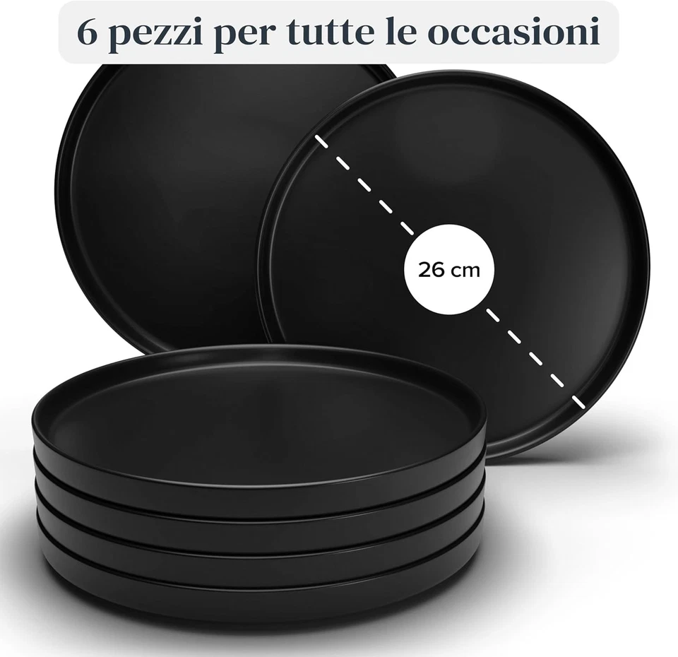 Set Piatti piani nero moderno gres porcellanato 6 persone ceramica - Immagine 3 di 4