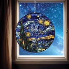 Starry Night Stained Glass Suncatcher, Window Hanging, Home Decor