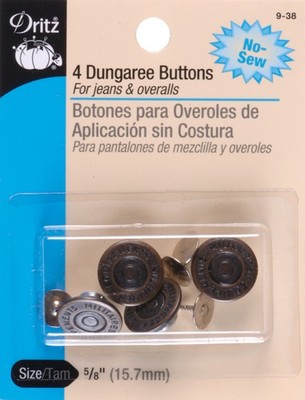 Dritz 9-38 No-Sew Dungaree Buttons 5/8'' 4/Pkg-Antique Brass