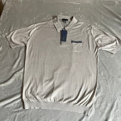 John Smedley Polo Shirt Mens XL Beige Grey Sea Island Cotton Silk Pocket NWT