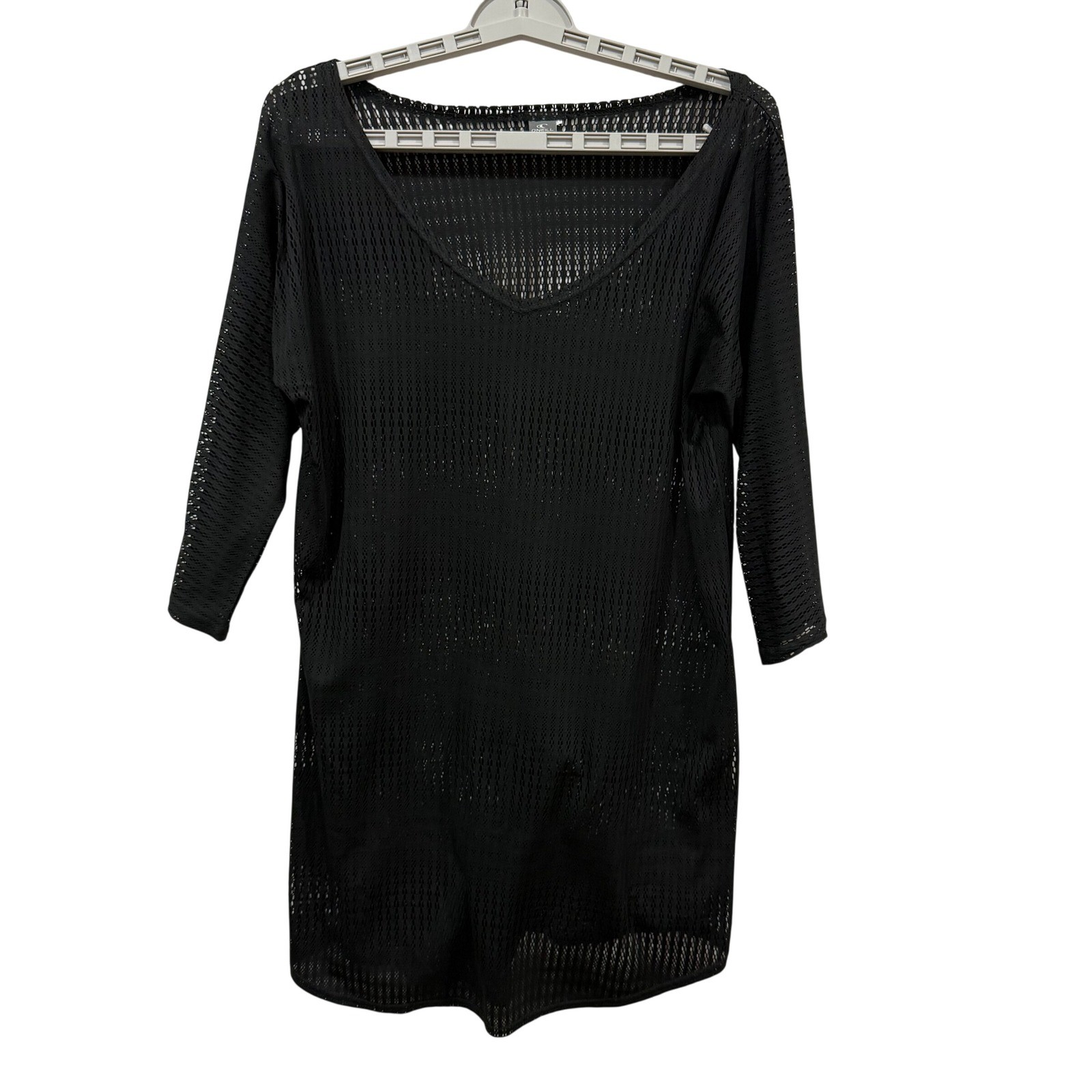 O'Neill Womens Black Mesh Knit V-Neck 3/4 Sleeve Swim Cover-Up Top