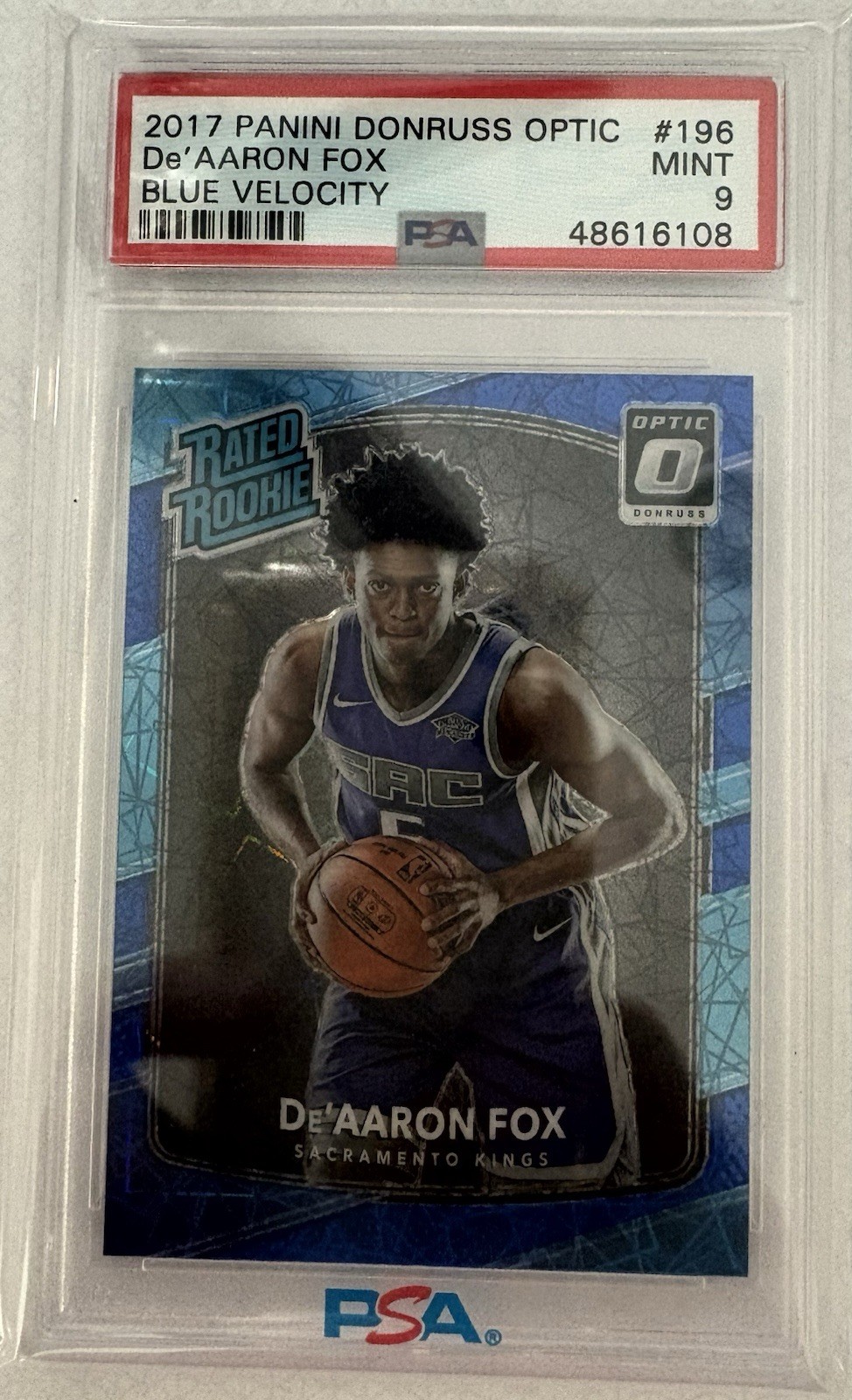2017-18 Donruss Optic De Aaron Fox Blue Velocity RC #196 Kings PSA 9