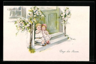 Artist postcard Elly Frank: two children on an entrance step, roses 