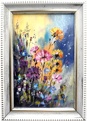 Original Oil Painting 4x6 in Framed Signed Blooming Wildflowers Impasto Art