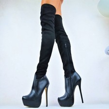 PLATEAU XL OVERKNNE STIEFEL SEXY SCHWARZ DAMENSCHUHE CLUB-PARTY ELEGANT PUMPS
