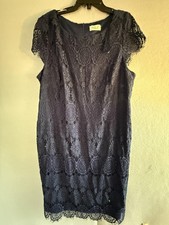 Eliza J Dress Womens 12 Blue Lace Floral Fringe Scoop Neck Sheath Knee Length