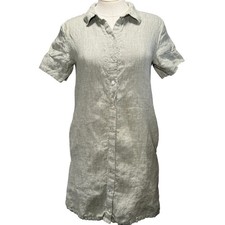 TAHARI Linen Button Front Short Sleeve Shirt Dress Gray XS Preppy Coastal