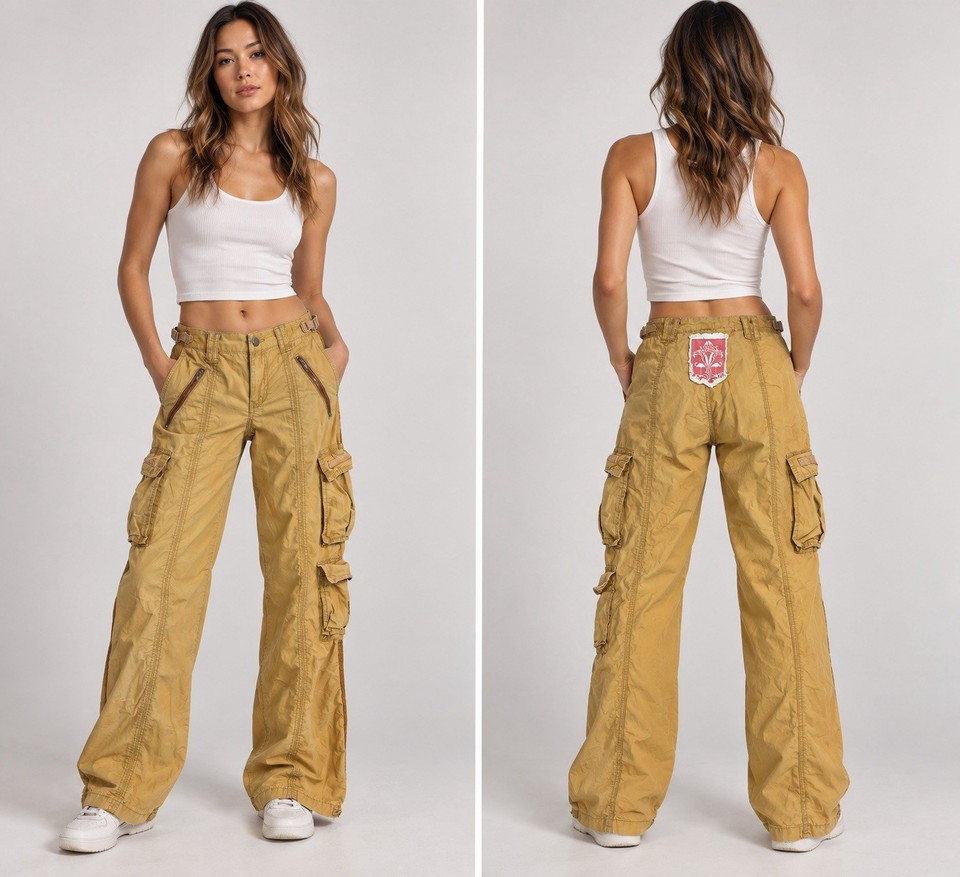 Da-Nang Women’s Cargo Pants XS Mustard Tan Wide Leg Y2K Utility Parachute