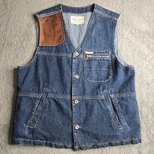 Vintage Guess Denim Vest Mens Medium Blue Leather Shoulder Patch USA Workwear