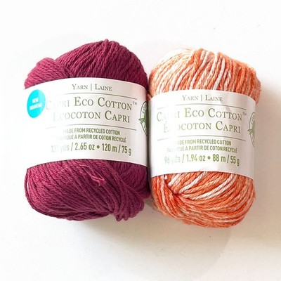 Capri Eco Recycled Cotton Yarn Lot 2 Skeins Tangerine Splash & Burgundy 4.59 oz