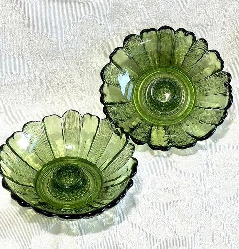 Green Glass Candle Holder 2 Vintage Green Sunflower Textured Taper Candle Holder