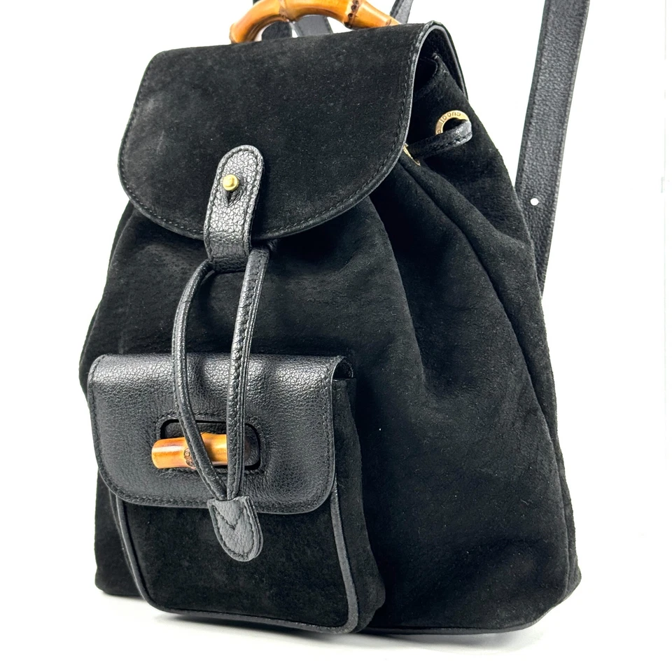 Vintage GUCCI Bamboo Backpack Drawstring suede Black Authentic - Image 2 of 4