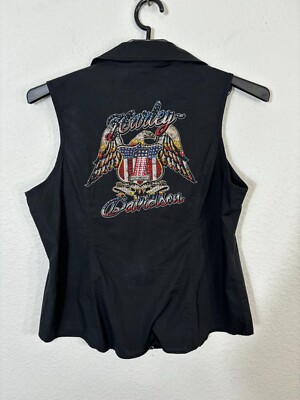 Harley Davidson Top Womens 1W Black Eagle Rhinestones Sleeveless Freedom Zip