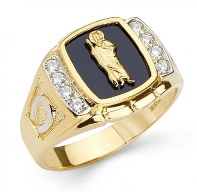 Men's 14k Solid Yellow Gold Big Bold St Jude Ring with Onyx