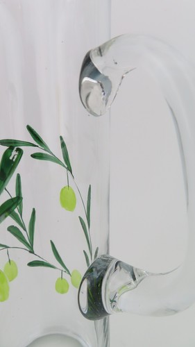 Clear Glass Pitcher Decanter with Olives Branches Colored Etched Design 10.75“H - Picture 5 of 12