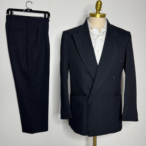 Vtg Raffinati Double Breast Suit Men's 38R Black Wide Peak Lapel Two-Piece 32W