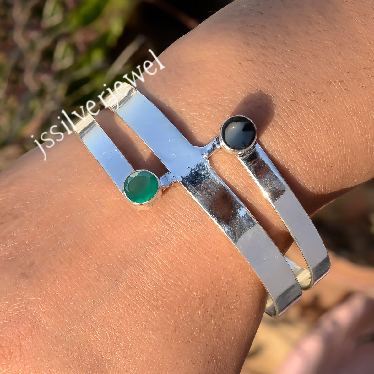 Black Onyx & Green Onyx Gemstone 925 Sterling Silver Best Jewelry Cuff/V-1801