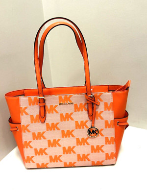 MICHAEL KORS GILLY LG DRAWSTRING TRAVEL TOTE SHOULDER BAG MK GRAPHIC LOGO POPPY