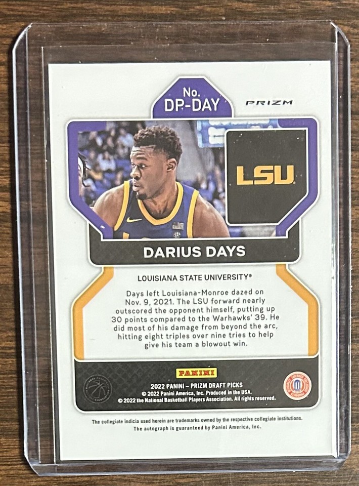 Darius Days Rockets Card Darius Days Panini Prizm Green Holo Draft Picks #DP-DAY Autograph Auto ...