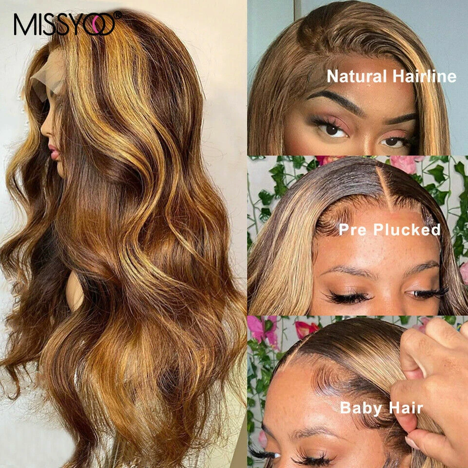 Highlight Brazilian Body Wave Lace Front Human Hair Wigs Black