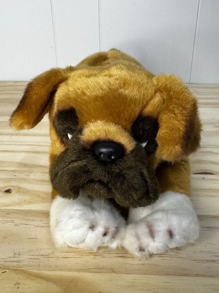 Bearington Boxer Puppy Dog Plush 14" Roscoe Stuffed Animal Laying White Paws Toy - Image 2 of 4