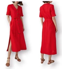 Karen Millen BNWT Bright Red Linen Longline Summer Belted Dress UK 12 RRP £180