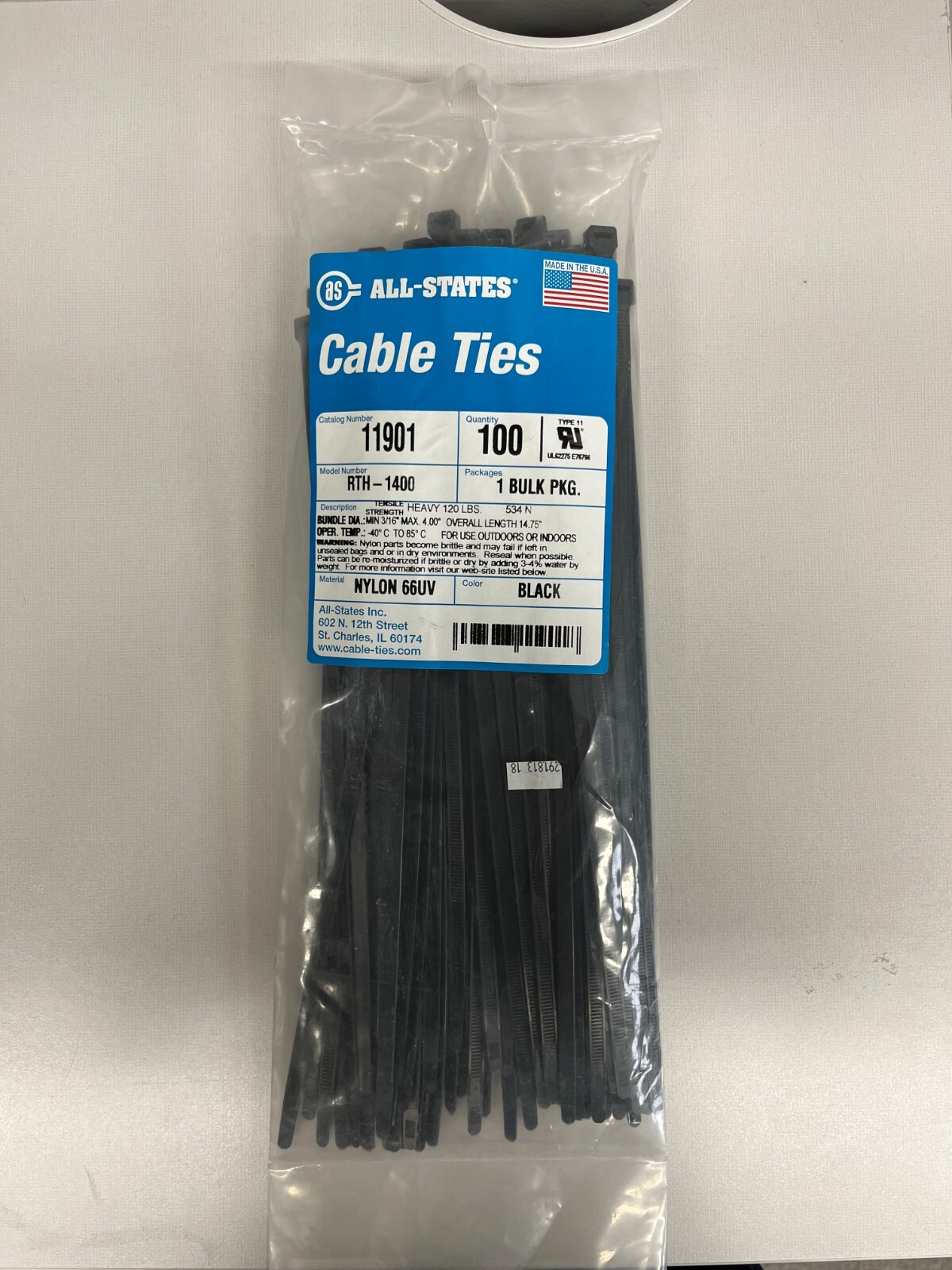 Fascette Per Cavi All-States, Nere, Heavy-duty, Lunghezza 14 Pollici, Resistenza 120 Lb, Confezione Da 100 Pezzi