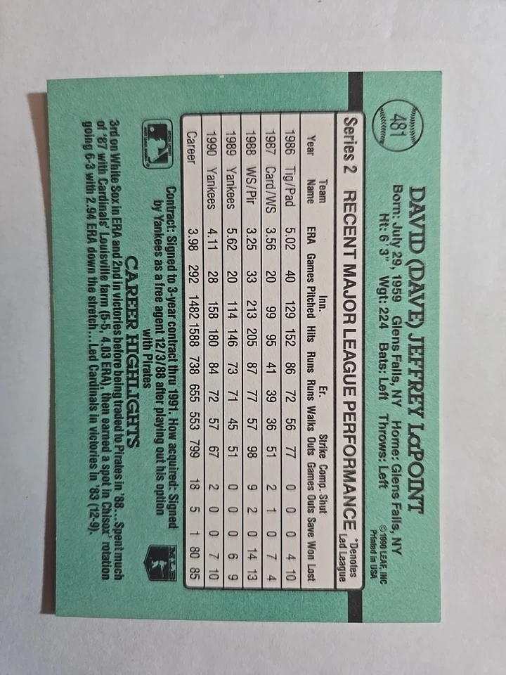 Dave LaPoint #481 1991 Donruss - Image 2 of 2