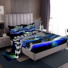 Blue Racing Car Bed Sheets Black White Lattice Sheet Set for Kids Boys Girls ...