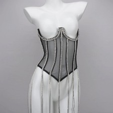 Sexy Rhinestone Corset Vest Top Diamond Bling Fringe Tassel Lace Up Bustier M