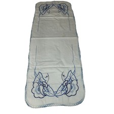 Vintage Table Cover Runner Stitched Floral White Blue Cottage Granny Farmhouse