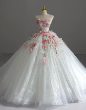 Princess White Ivory Wedding Dresses with Pink Florals A Line Bridal Gowns
