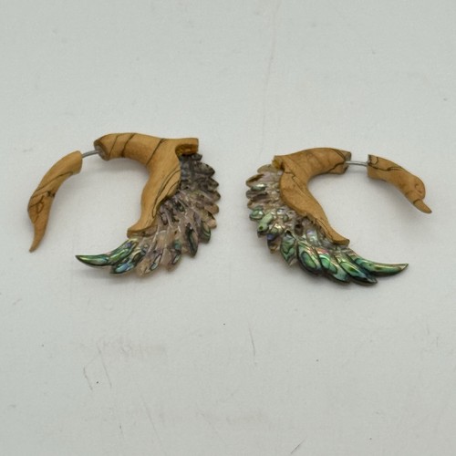 Abalone Shell Swan Wings Saba Wood Organic Fake Gauge Earrings