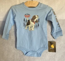 CARHARTT Baby Boy Light Blue Hunting Buddy Puppy Long Sleeve Bodysuit 6M or 12M