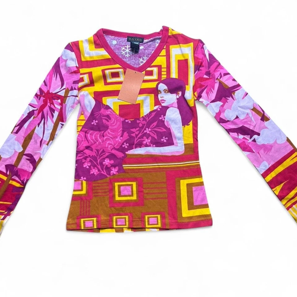 Top Hayes Custo Barcelona Talla Mediana Manga Larga Púrpura Naranja Patrón Pop Art Foto 2 de 4