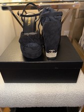 CHANEL 2025 Black Suede Slingback Open Toe Wedge Pearl Bow Sandals EU 37.5