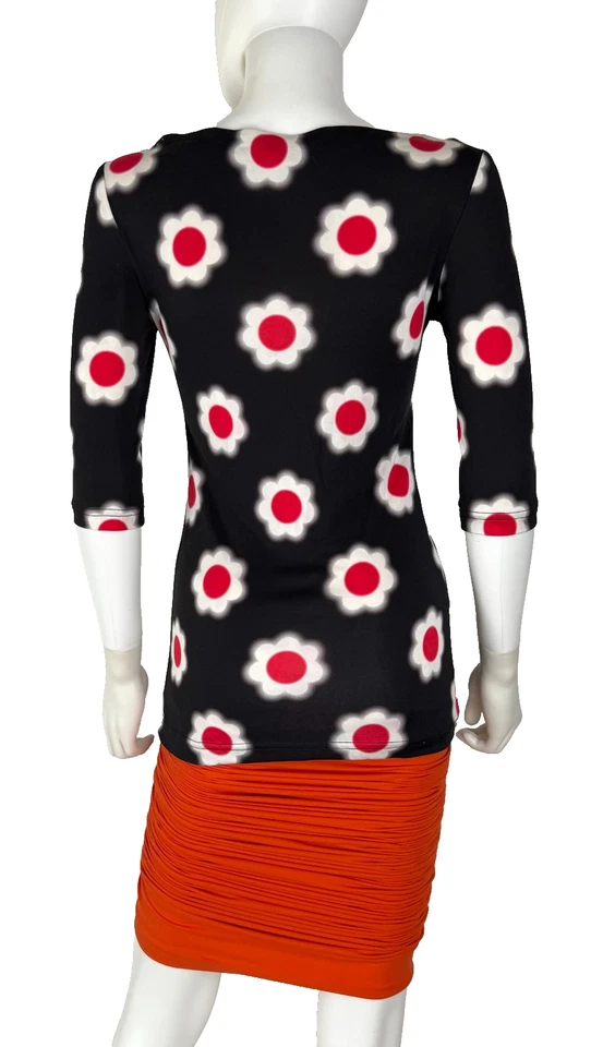 Blusa Top Vestido Prada Auténtica 4 US 40 IT S Negra Roja Elastizada 100% Seda Floral Foto 4 de 4