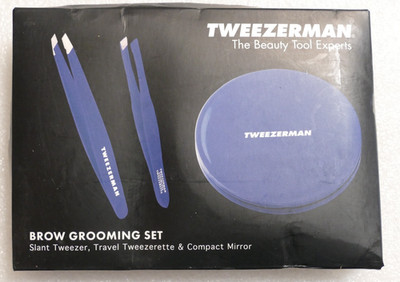 Tweezerman Brow & Lash Set - Compact Mirror, Mini Slant Tweezer and Blue 