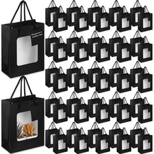 50 Pcs Black Kraft Gift Bags with Window 7.5 x 3 x 6 In, Handles  Tags for W...