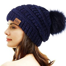 Women Winter Pom Pom Beanie Hat with Warm Fleece Lined Navy