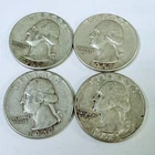 Washington Quarters, LOT OF 4 - 90% Silver 1932 - 1964, Circulated Coins #8688