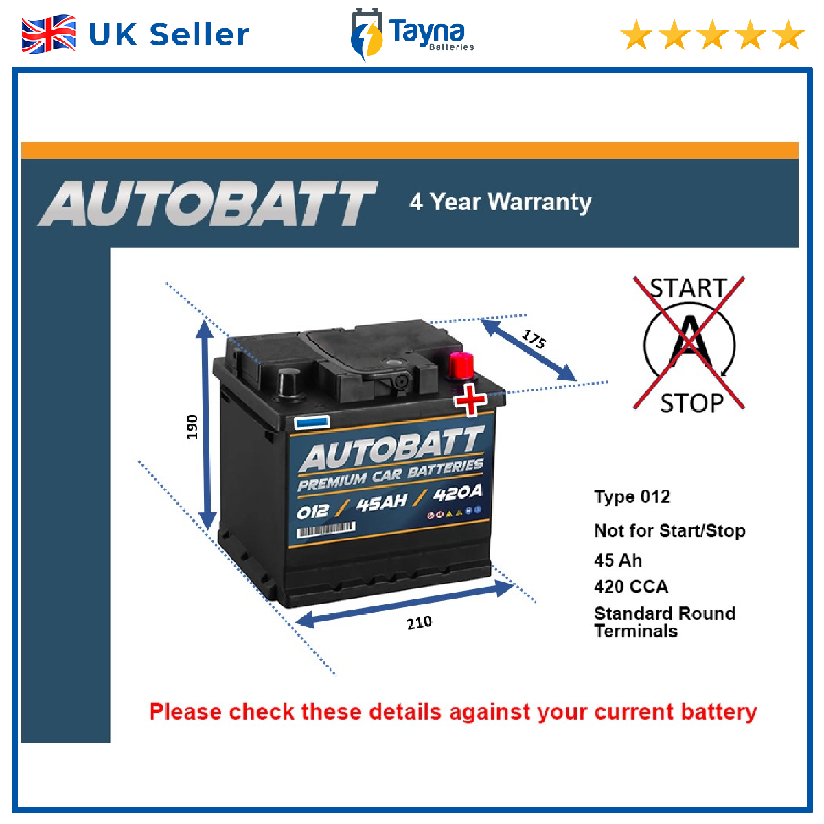Battery fits SUBARU FORESTER LEGACY JUSTY IMPREZA OUTBACK 012 420A 45Ah