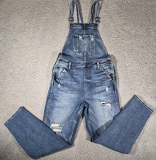 Sneak Peak Denim Bib Overalls Jeans Women’s Size Large Blue Stretch Distressed