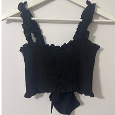 Vine Love Smocked Crop Top Womens Small Black Ruffle Tie Front Bow Coquette