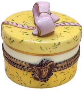 Gérard Ribiere Yellow and Pink Hat Box with Hat Limoges Peint Main Trinket Box