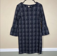 Banana Republic Women’s Plaid Knit Black White Bell Sleeve Office Shift Dress 6