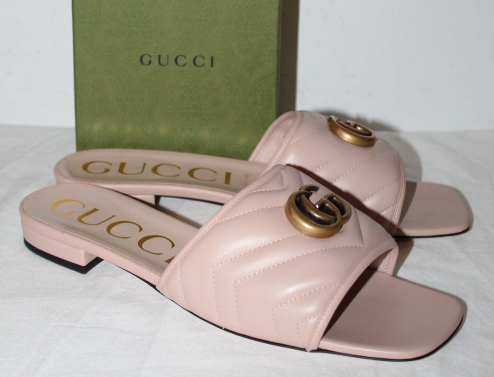 NWB Gucci GG Marmont Chevron Flats Slides Sandals Slip Ons Skin